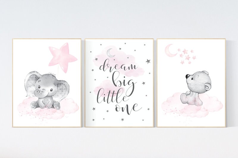 Nursery wall art girl elephant, nursery decor girl pink, dream big little one, nursery prints, baby room decor nursery room prints baby bear