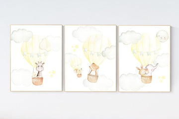 Hot air balloon nursery, nursery decor animals, nursery wall art yellow and gray, elephant, giraffe, bear, bunny, woodland animals, yellow