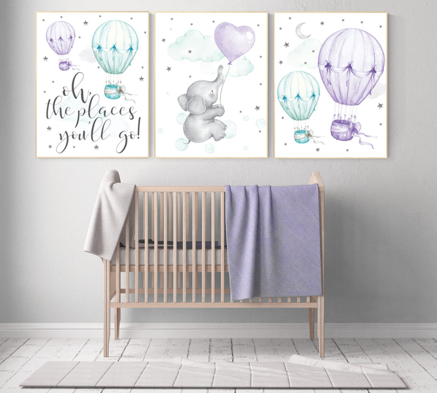 Nursery decor girl elephant, nursery decor girl purple, hot air balloon, purple mint, lavender, nursery decor girl lila, lilac mint, aqua