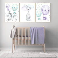 Nursery decor girl elephant, nursery decor girl purple, hot air balloon, purple mint, lavender, nursery decor girl lilac mint, turquoise