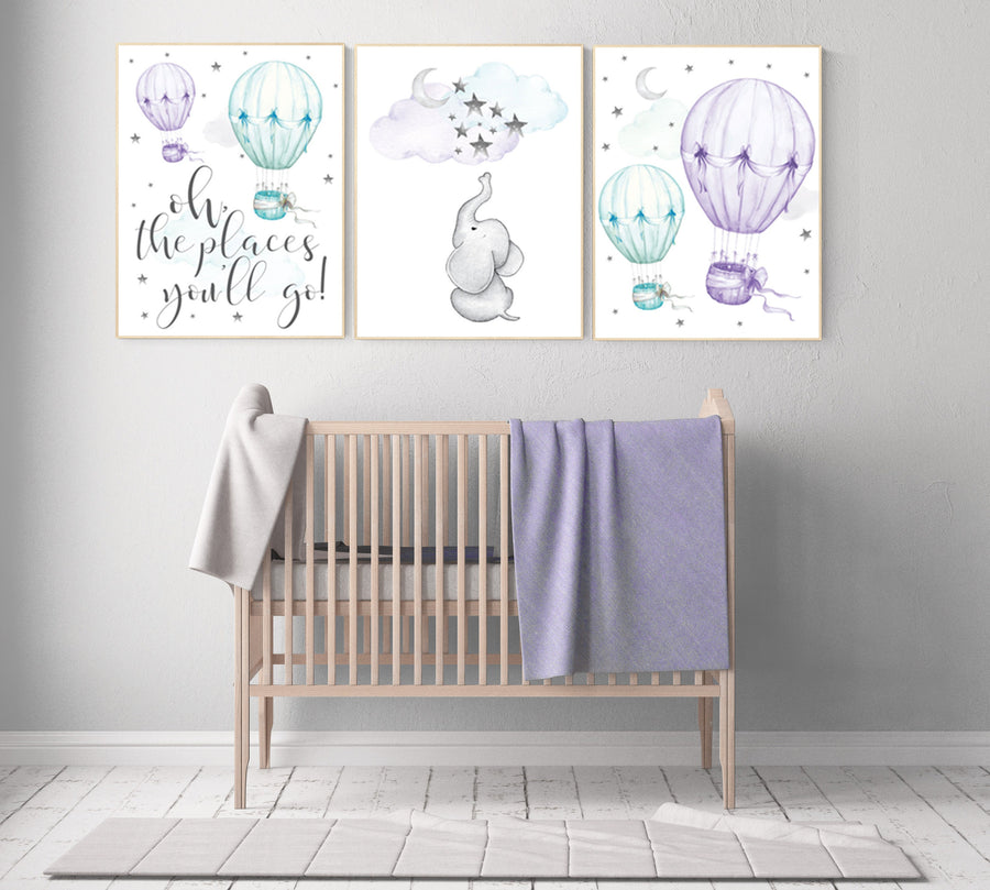 Nursery decor girl elephant, nursery decor girl purple, hot air balloon, purple mint, lavender, nursery decor girl lilac mint, turquoise