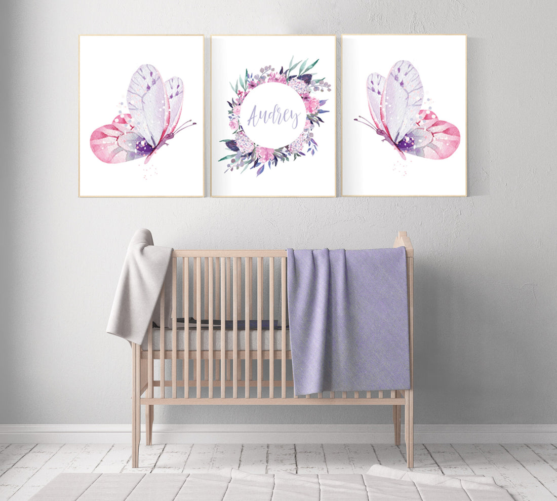 Purple pink nursery, nursery decor girl name, butterfly nursery wall art, Nursery decor girl purple and pink, lavender, lilac, girl nursery