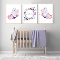 Purple pink nursery, nursery decor girl name, butterfly nursery wall art, Nursery decor girl purple and pink, lavender, lilac, girl nursery