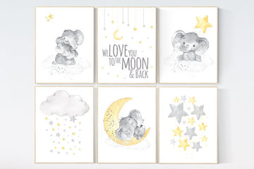 Yellow gray, elephant Nursery decor yellow, yellow nursery decor, gender neutral, baby room decor, yellow grey, twin nursery, baby room art