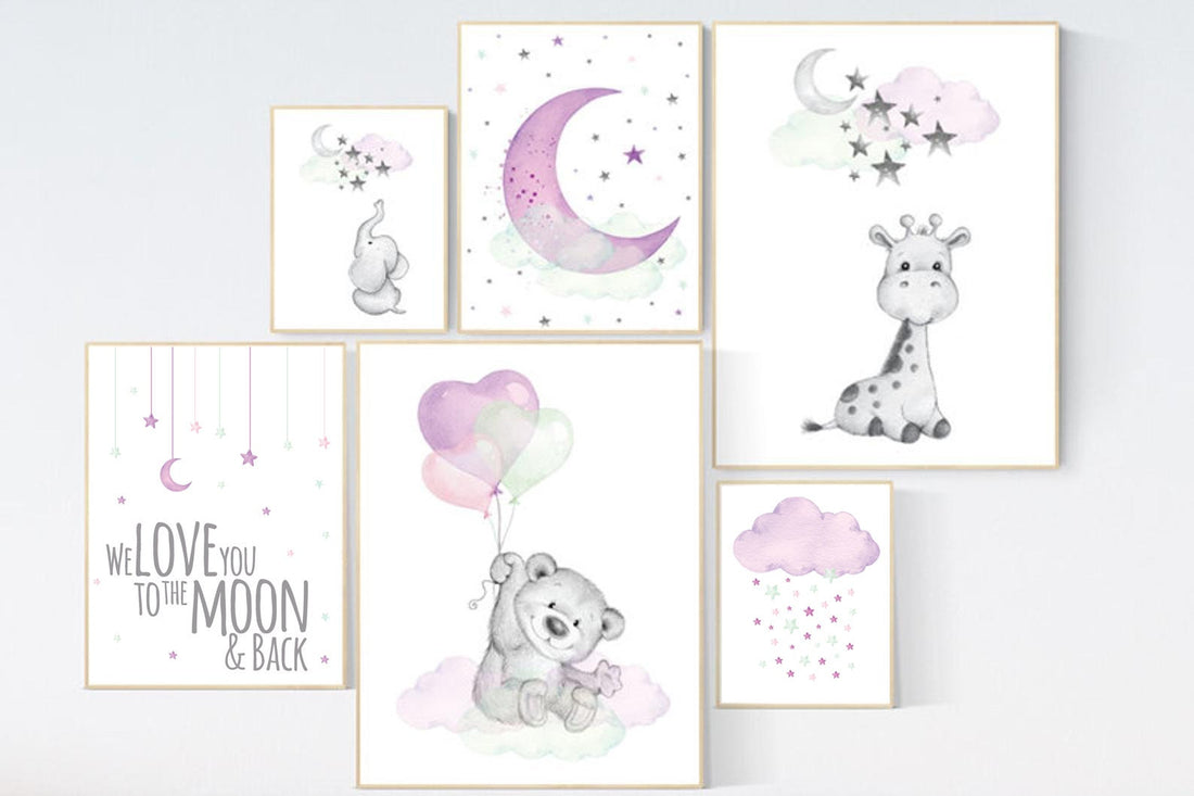 Elephant, giraffe, nurser decor girl, Purple teal nursery wall art, Nursery decor girl purple, lilac nursery print, lavender, lilac mint