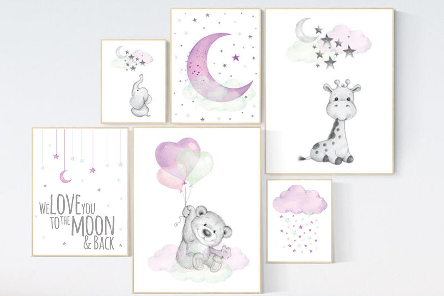 Elephant, giraffe, nurser decor girl, Purple teal nursery wall art, Nursery decor girl purple, lilac nursery print, lavender, lilac mint