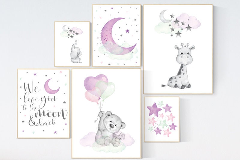 Elephant, giraffe, nurser decor girl, Purple teal nursery wall art, Nursery decor girl purple, lilac nursery print, lavender, lilac mint