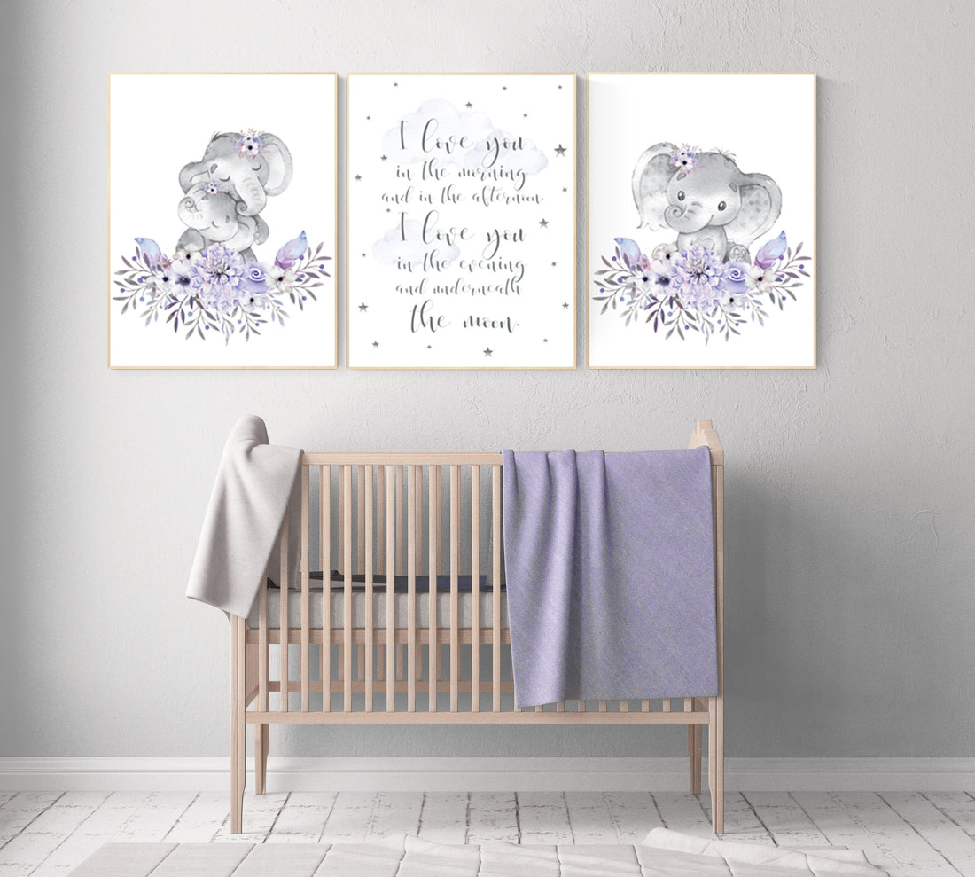 Purple nursery, Boho baby room, nursery wall art elephant, nursery decor girl, nursery decor girl floral, lilac nursery decor, lavender