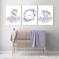 Purple nursery, Boho baby room, nursery wall art elephant, nursery decor girl, nursery decor girl floral, lilac nursery decor, lavender