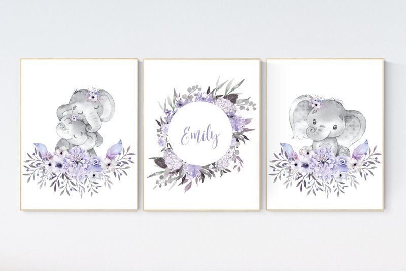 Purple nursery, Boho baby room, nursery wall art elephant, nursery decor girl, nursery decor girl floral, lilac nursery decor, lavender
