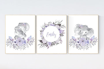 Purple nursery, Boho baby room, nursery wall art elephant, nursery decor girl, nursery decor girl floral, lilac nursery decor, lavender