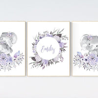 Purple nursery, Boho baby room, nursery wall art elephant, nursery decor girl, nursery decor girl floral, lilac nursery decor, lavender