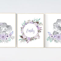 Personalized Elephant Nursery Wall Art Set of 3 - Purple Floral Baby Girl Name Print - Safari Animal Poster - Boho Nursery Decor
