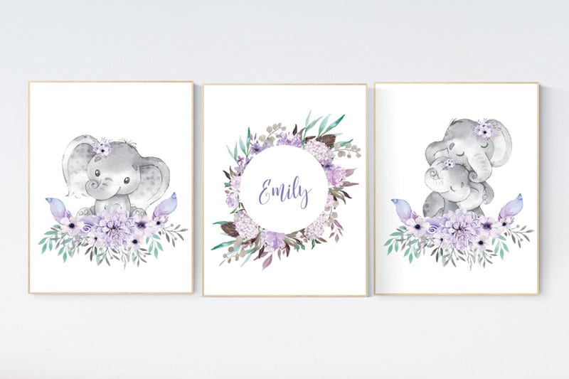 Personalized Elephant Nursery Wall Art Set of 3 - Purple Floral Baby Girl Name Print - Safari Animal Poster - Boho Nursery Decor