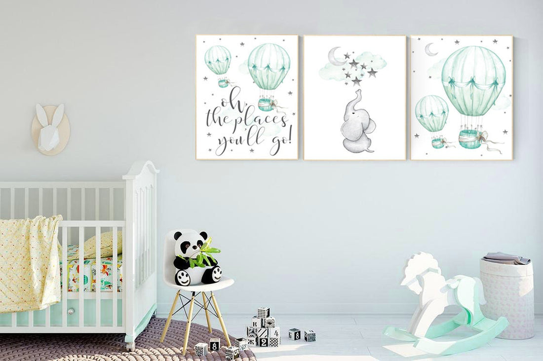 Mint nursery decor, nursery decor elephant, hot air balloon, gender neutral nursery, oh the places you&