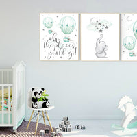 Mint nursery decor, nursery decor elephant, hot air balloon, gender neutral nursery, oh the places you'll go, mint green nursery wall art