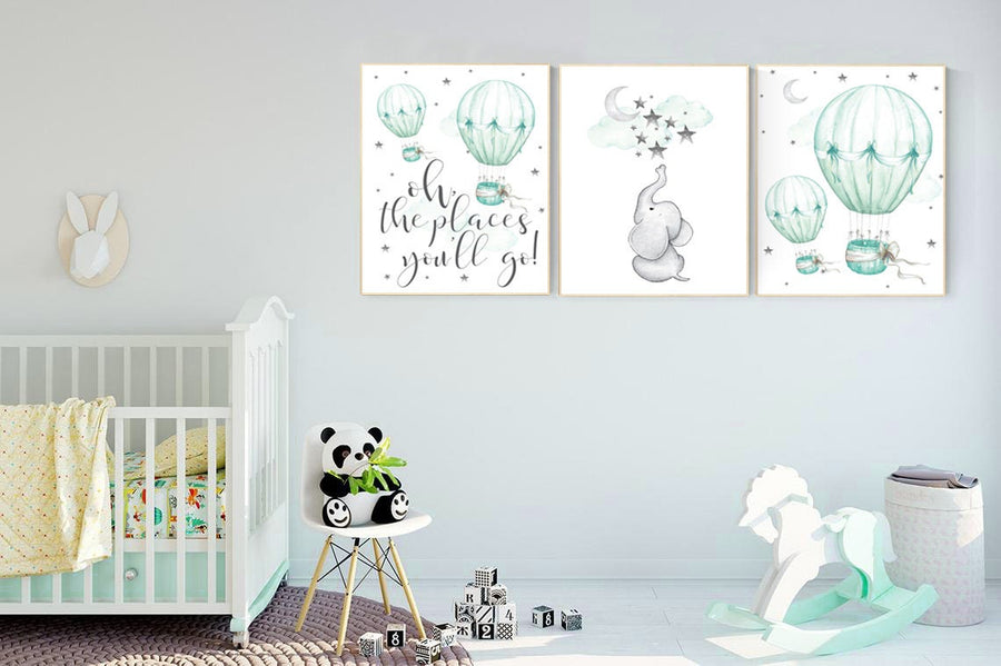 Mint nursery decor, nursery decor elephant, hot air balloon, gender neutral nursery, oh the places you'll go, mint green nursery wall art