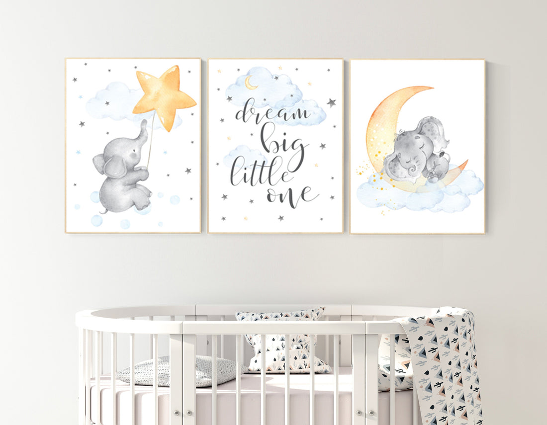 Nursery wall art elephant, dream big little one, cloud nursery decor, Nursery decor neutral, moon and stars, gender neutral nursery prints