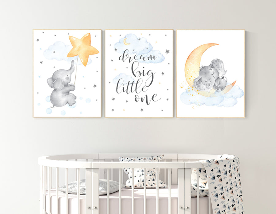 Nursery wall art elephant, dream big little one, cloud nursery decor, Nursery decor neutral, moon and stars, gender neutral nursery prints