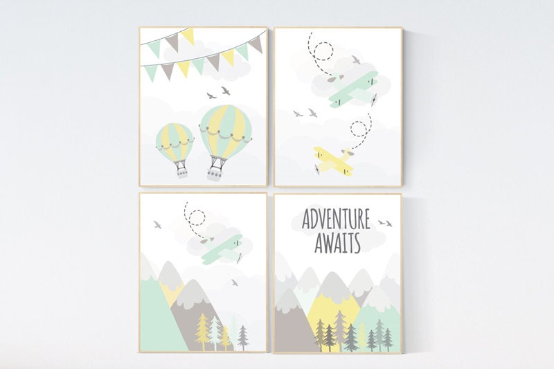 Adventure awaits nursery, gender neutral nursery decor, nursery decor mint yellow, woodland nursery, adventure nursery print hot air balloon