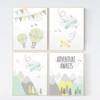 Adventure awaits nursery, gender neutral nursery decor, nursery decor mint yellow, woodland nursery, adventure nursery print hot air balloon