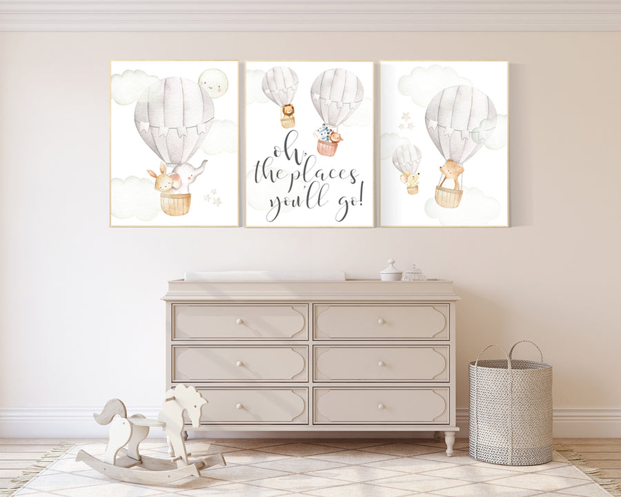 Nursery decor neutral, hot air balloon, woodland animals, gender neutral, baby room decor, elephant, bunny, giraffe, nursery prints