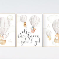 Nursery decor neutral, hot air balloon, woodland animals, gender neutral, baby room decor, elephant, bunny, giraffe, nursery prints