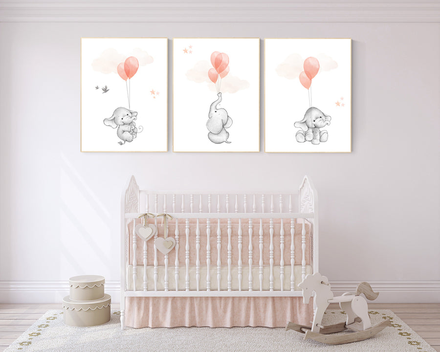 Nursery decor girl coral, elephant balloon print, coral nursery, elephant artwork, elephant wall art, baby girl nursery wall art, balloons