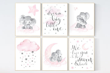 Nursery decor girl, nursery decor elephant, girl room wall art, baby nursery wall art, moon and stars nursery, nursery decor clouds stars