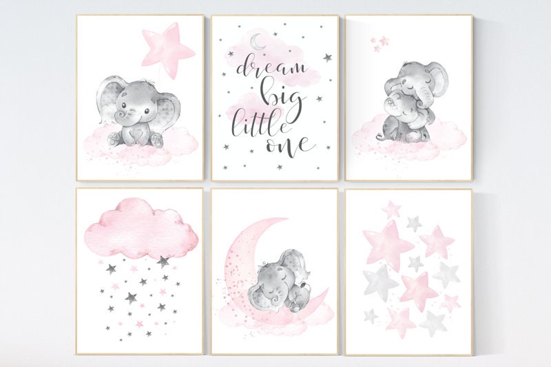 Nursery decor girl, nursery decor elephant, girl room wall art, baby nursery wall art, moon and stars nursery, nursery decor clouds stars