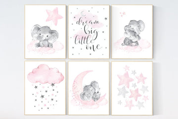 Nursery decor girl, nursery decor elephant, girl room wall art, baby nursery wall art, moon and stars nursery, nursery decor clouds stars