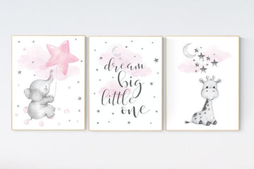 Nursery wall art girl, baby room decor girl pink gray, giraffe nursery, dream big little one, cloud and stars, elephant nursery wall art