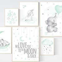 Mint nursery wall art, Nursery decor gender neutral, twin nursery, elephant, sheep, bear, we love you to the moon and back. mint green
