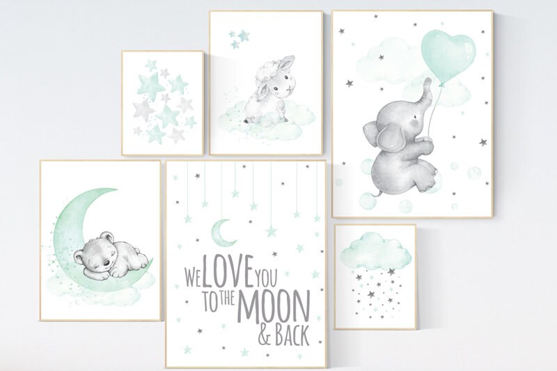 Mint nursery wall art, Nursery decor gender neutral, twin nursery, elephant, sheep, bear, we love you to the moon and back. mint green