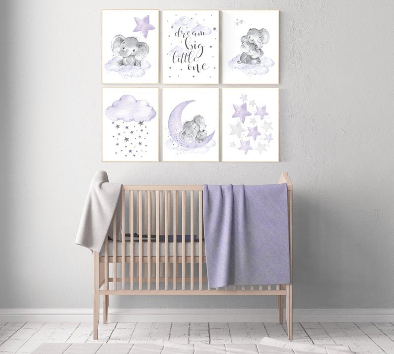 Nursery decor girl lavender, purple nursery wall art, elephant nursery decor, nursery prints animals, nursery prints set, moon and stars