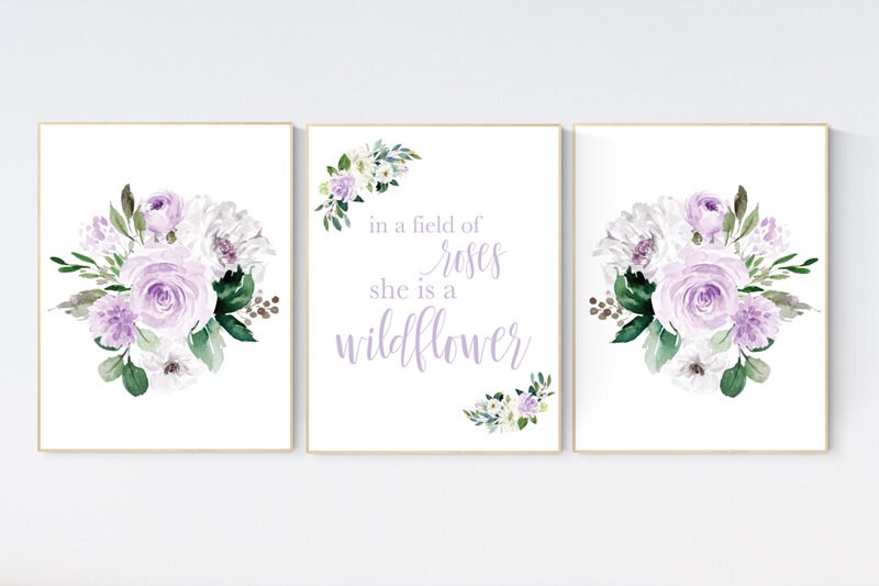 Nursery decor girl lavender, Nursery decor girl flower, purple, in a field of roses she is a wildflower, lilac, girl nursery wall art floral