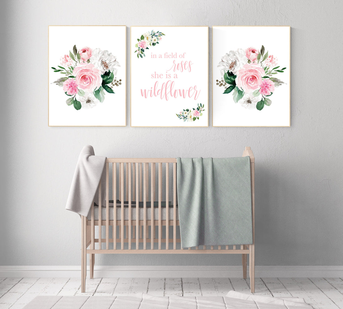 Nursery decor girl floral, nursery decor flower, nursery decor girl pink, flower nursery, In a field of roses she is a wildflower, elegant