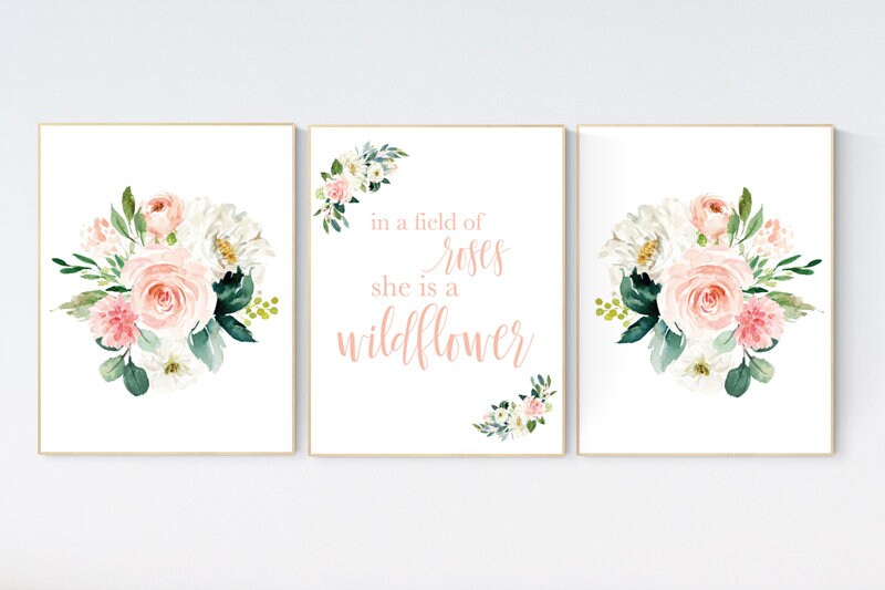 In a field of roses she is a wildflower, Nursery decor girl blush, nursery decor girl floral, peach nursery decor, flower nursery