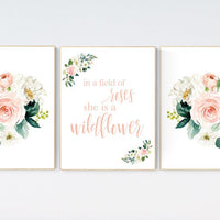 In a field of roses she is a wildflower, Nursery decor girl blush, nursery decor girl floral, peach nursery decor, flower nursery