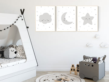 Nursery decor neutral, nursery wall art grey, gray nursery, baby room decor gender neutral, moon and stars, grey nursery decor baby room art