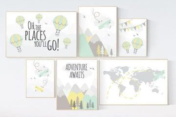 Adventure nursery decor, nursery decor airplane, world map nursery, adventure awaits, yellow mint nursery, travel theme, gender neutral