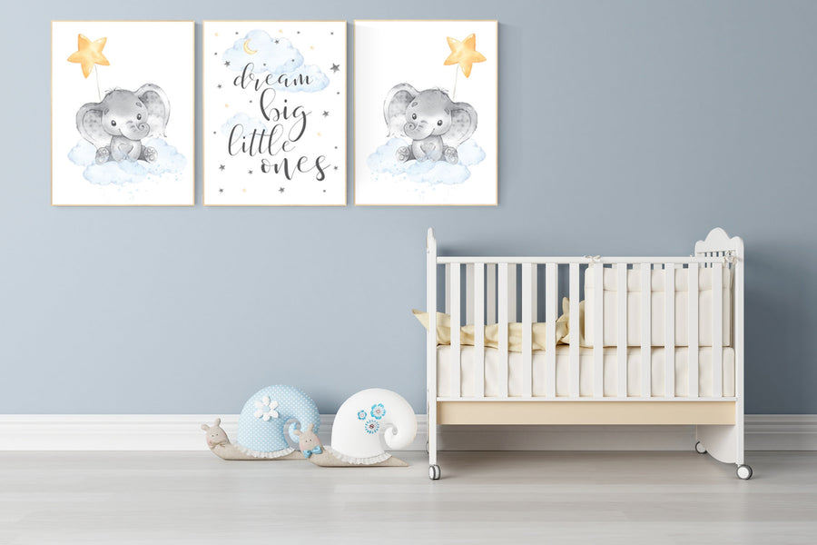 Nursery decor twins, Twin nursery, elephant nursery, moon and stars, dream big little ones, twins room decor, gender neutral, blue yellow