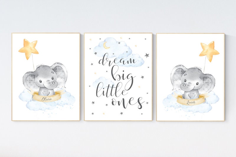 Nursery decor twins, Twin nursery, elephant nursery, name sign, girl boy twins, twins room decor, gender neutral, blue yellow, twins room