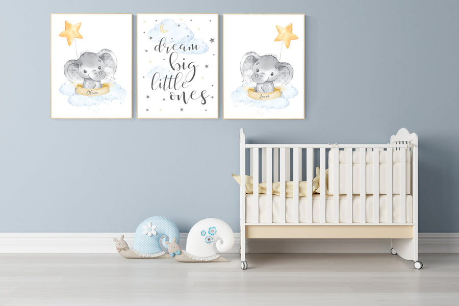 Nursery decor twins, Twin nursery, elephant nursery, name sign, girl boy twins, twins room decor, gender neutral, blue yellow, twins room