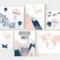 Adventure nursery decor, blush and navy, mountain art print set, blush navy gray, airplane, world map, adventure awaits hot air balloon