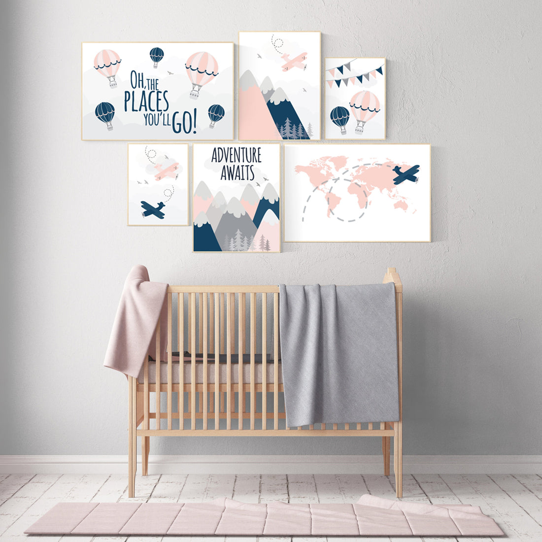 Adventure nursery decor, blush and navy, mountain art print set, blush navy gray, airplane, world map, adventure awaits hot air balloon