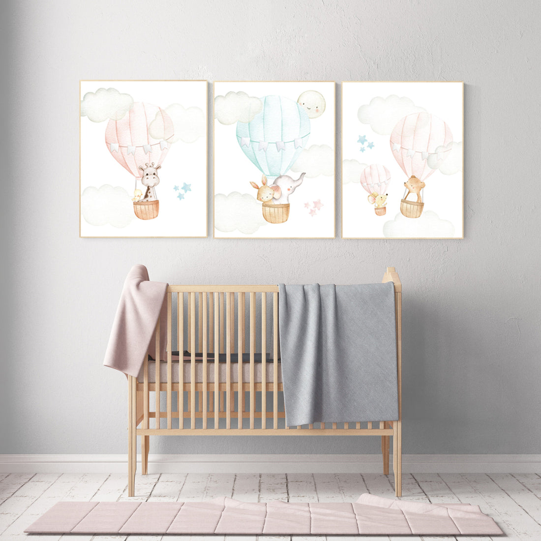 Blush and mint nursery wall art, Nursery decor girl, hot air balloon nursery, blush pink nursery, nursery decor woodland animals, mint