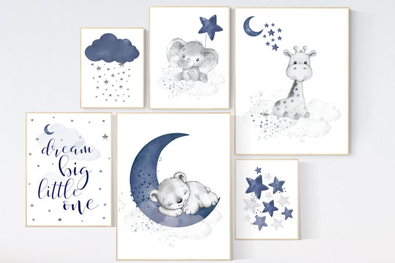 Nursery decor boy baby bear, elephant, giraffe, boy nursery decor, moon and stars, navy nursery, boy nursery wall art, dream big little one