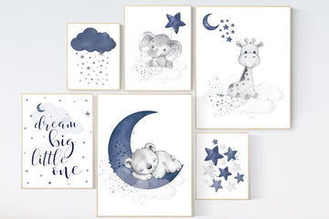 Nursery decor boy baby bear, elephant, giraffe, boy nursery decor, moon and stars, navy nursery, boy nursery wall art, dream big little one