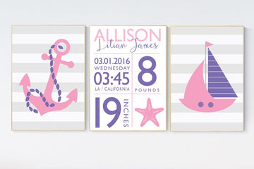 Nautical nursery decor, birth stats, Nautical decor nursery, set of 3 prints, pink purple, nursery nautical, nursery decor, baby room decor